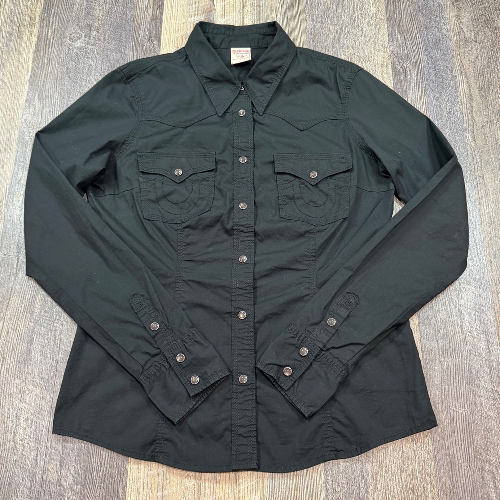 True Religion Western Shirt Womens L Solid Black Pearl Snap Button Long Sleeve